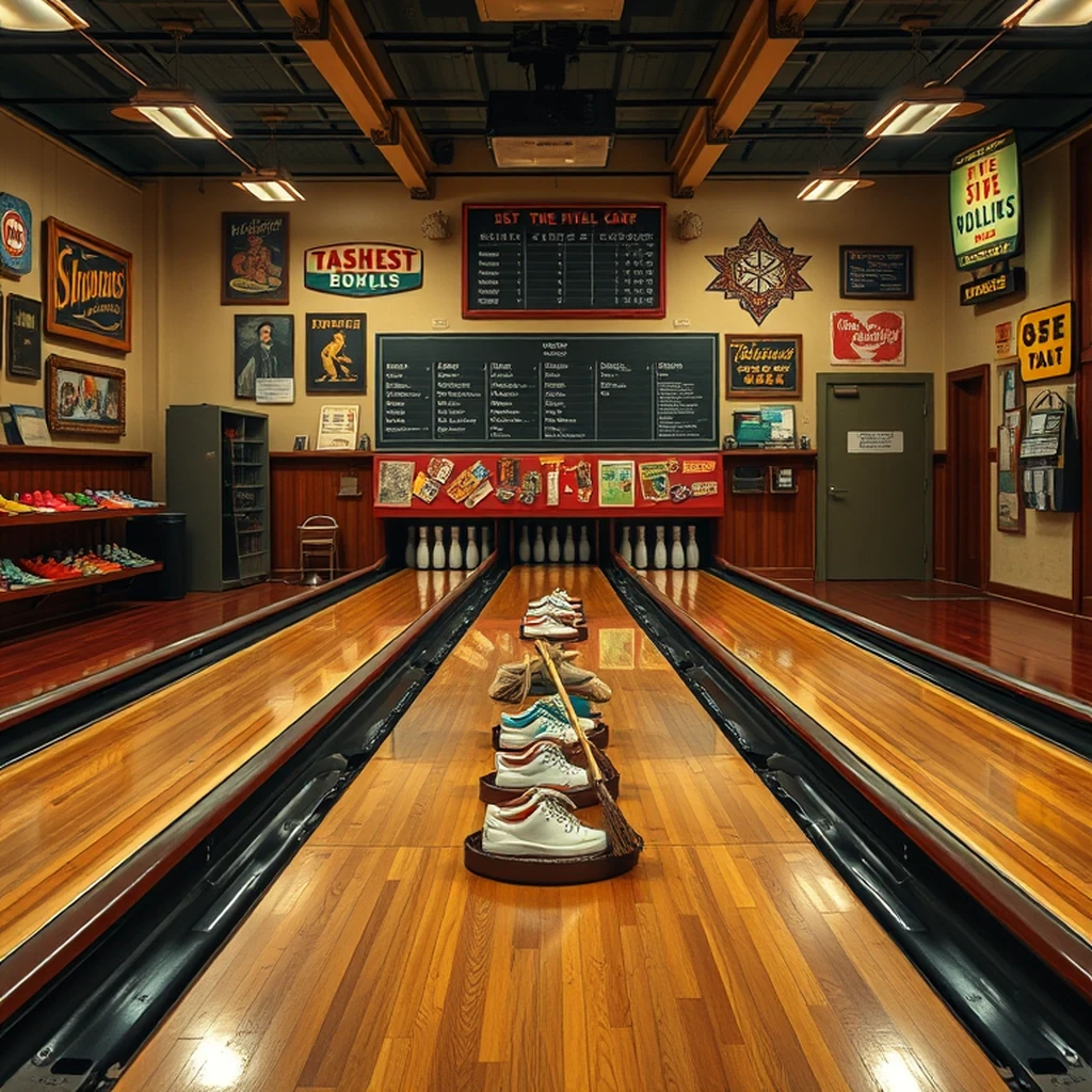 Image A of the puzzle: 1940s bowling alley shoe rental counter with wooden lanes and chalk scoreboards