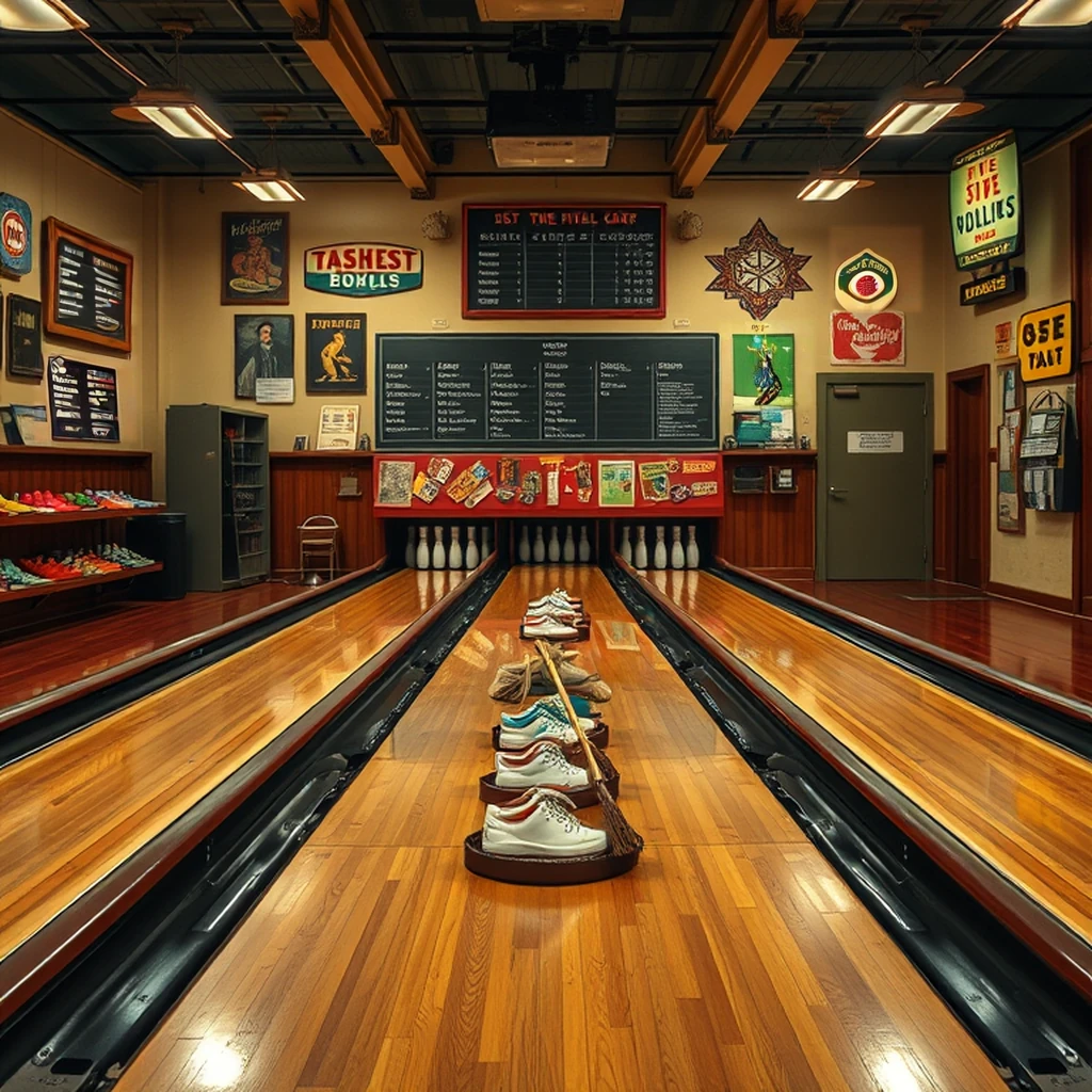Image B of the puzzle: 1940s bowling alley shoe rental counter with wooden lanes and chalk scoreboards