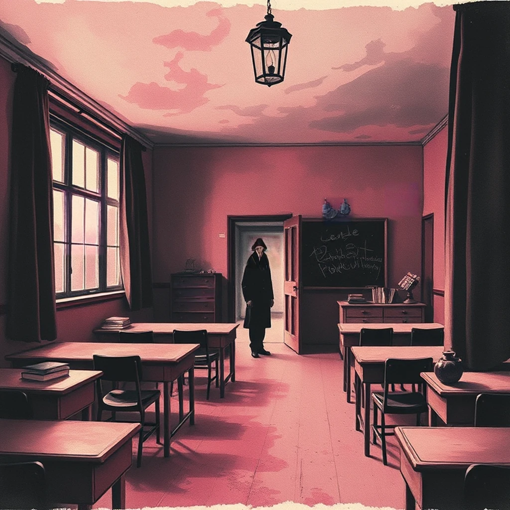 Image B of the puzzle: 1940s british wartime school classroom with blackout curtains