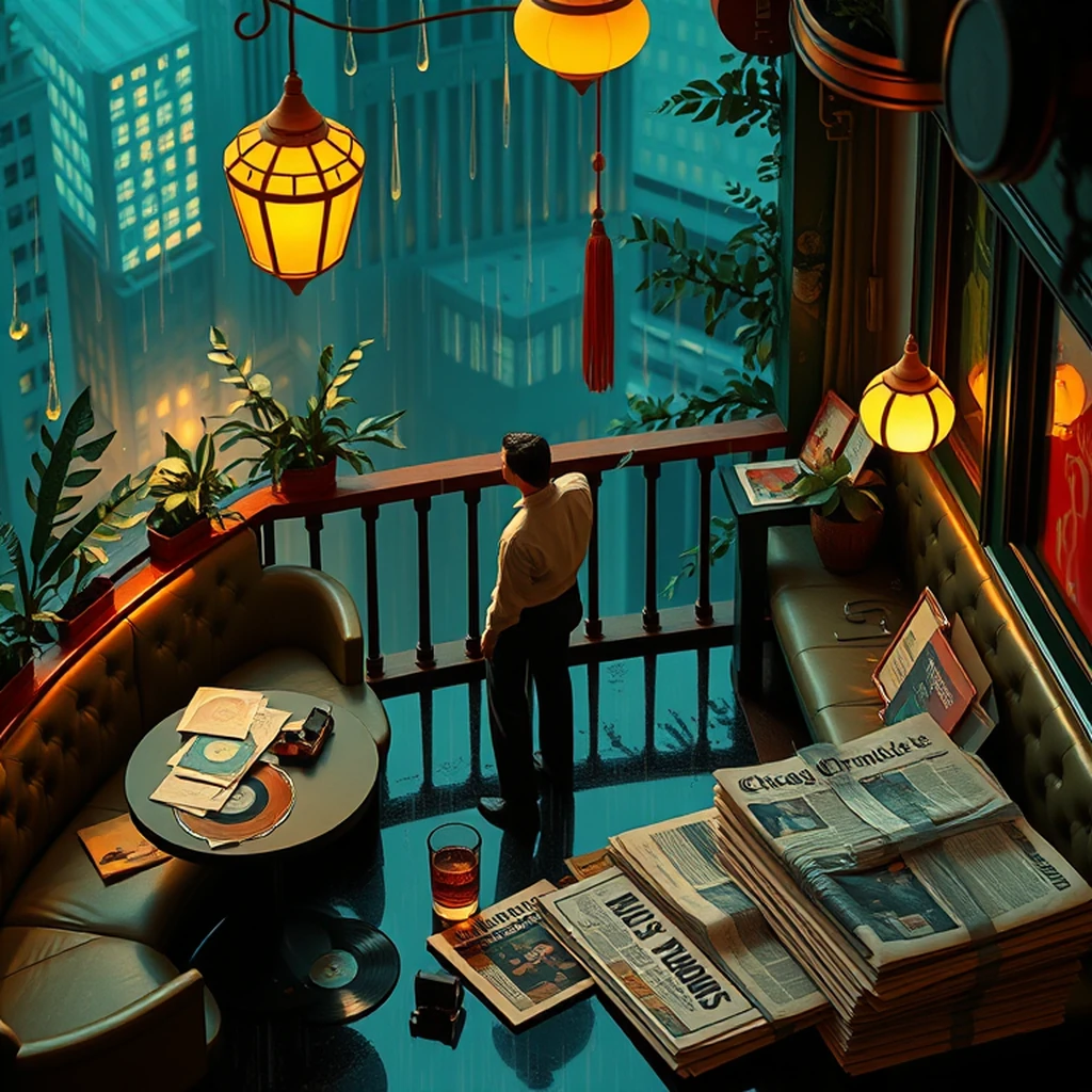 Image A of the puzzle: 1940s chicago jazz club balcony with leather banquette seating