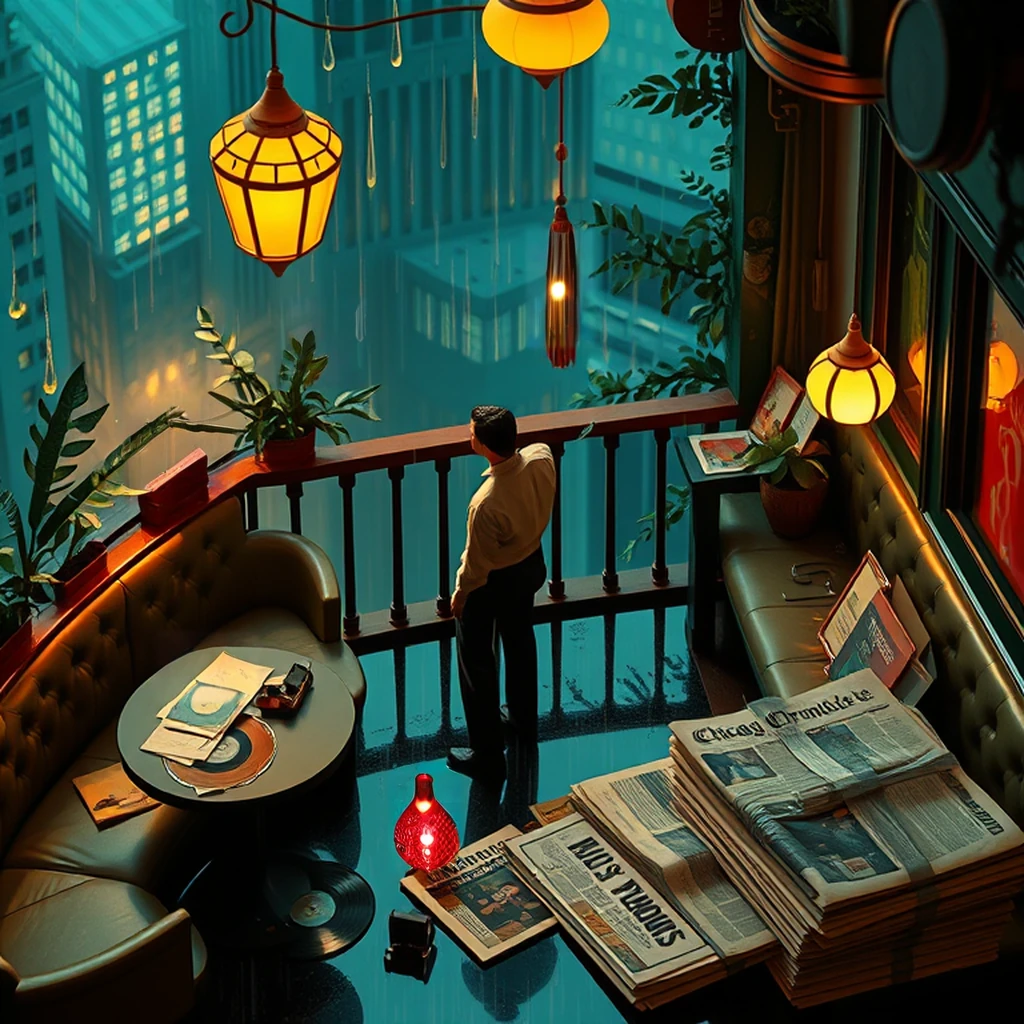 Image B of the puzzle: 1940s chicago jazz club balcony with leather banquette seating