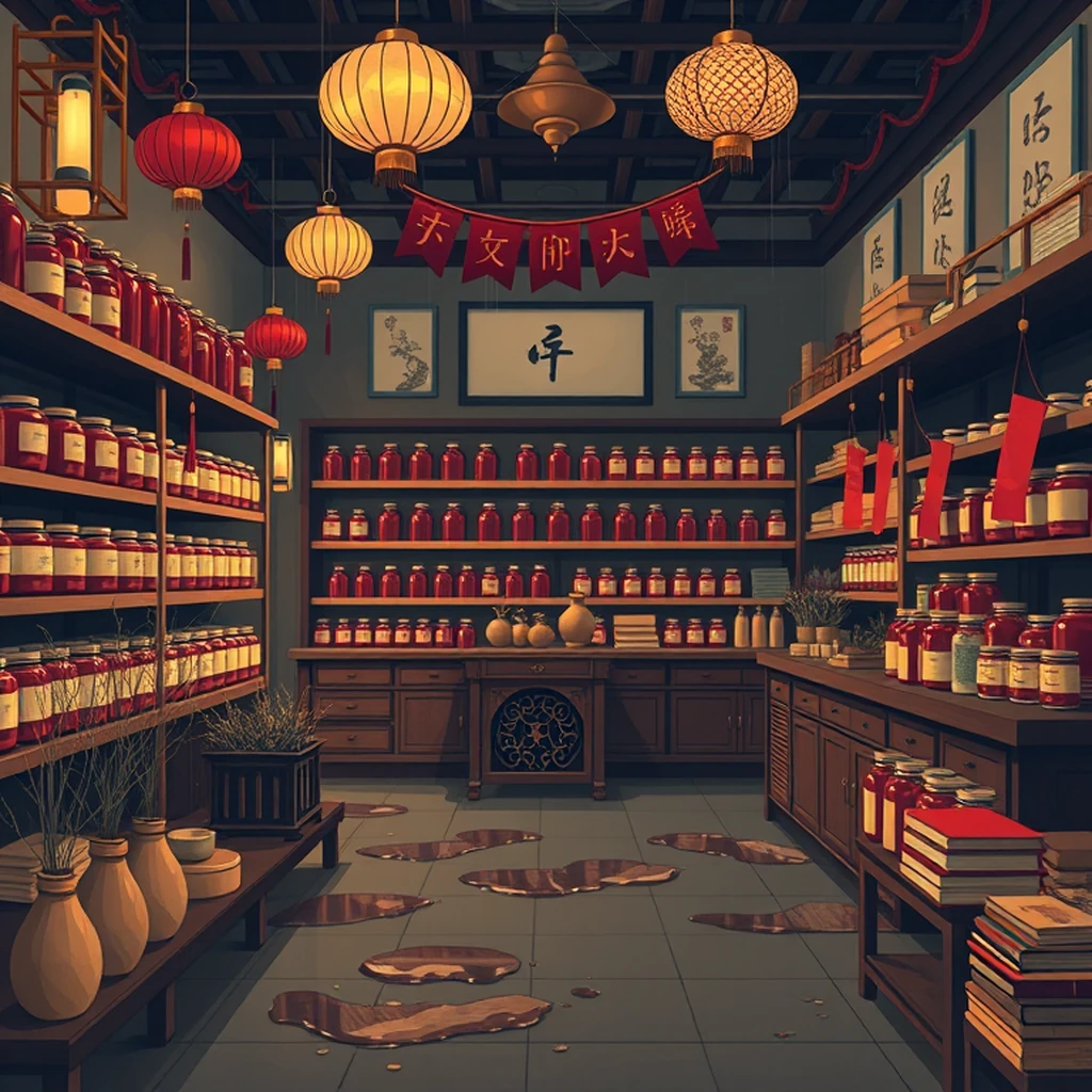 Image A of the puzzle: 1940s chinese herbal medicine apothecary shop with jars