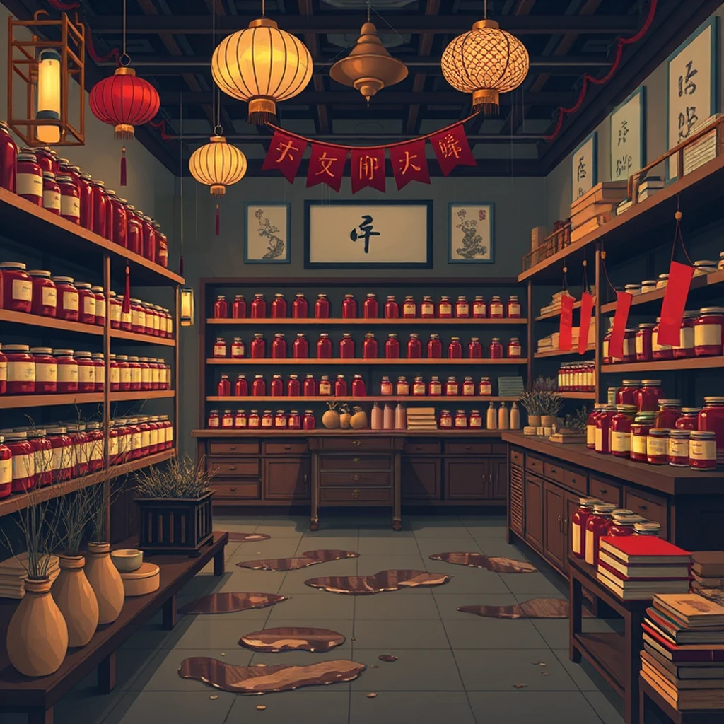 Image B of the puzzle: 1940s chinese herbal medicine apothecary shop with jars