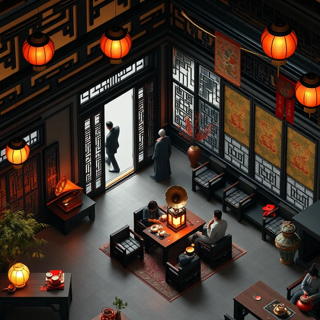 Image A of the puzzle: 1940s chinese tea house interior with ornate screens and lanterns