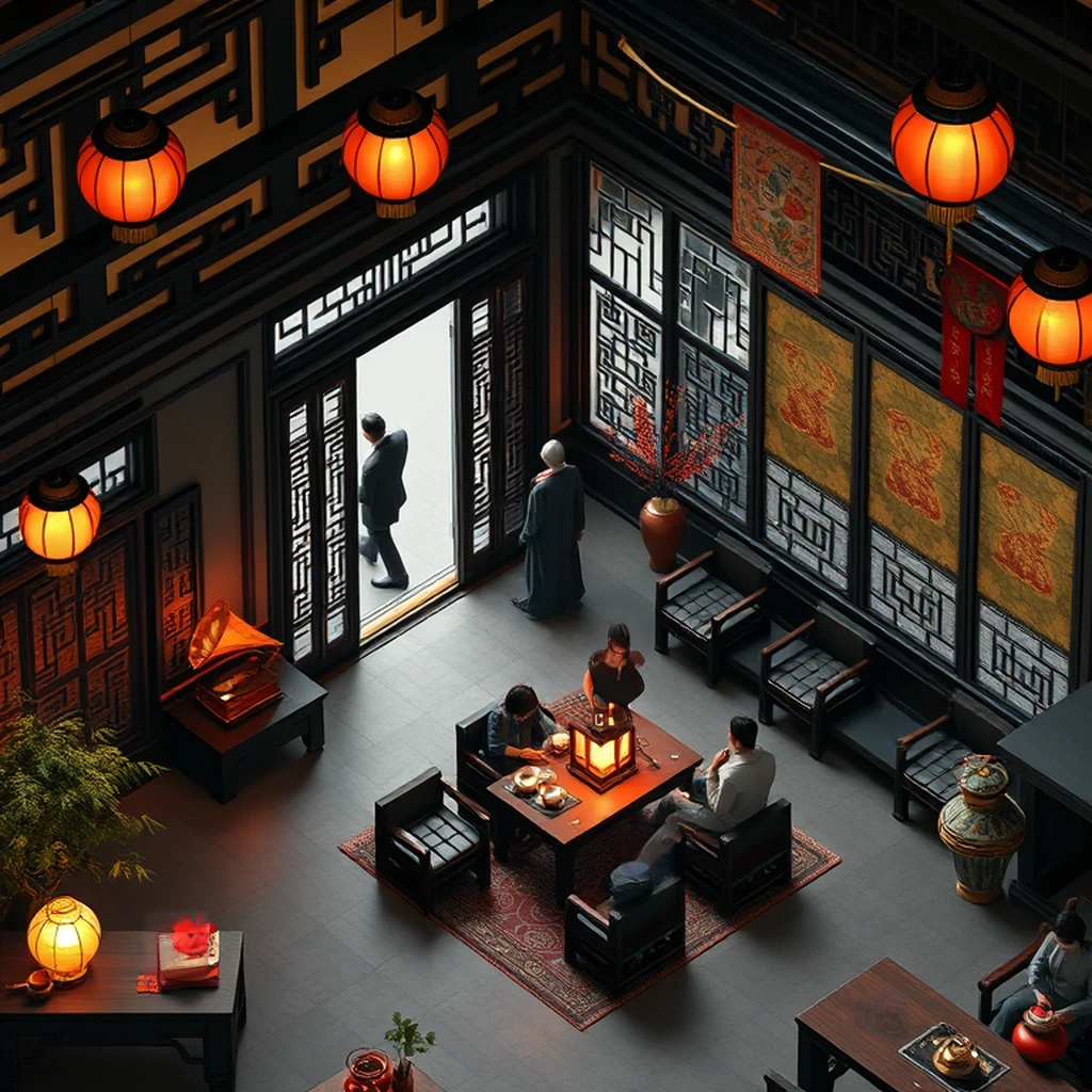Image B of the puzzle: 1940s chinese tea house interior with ornate screens and lanterns