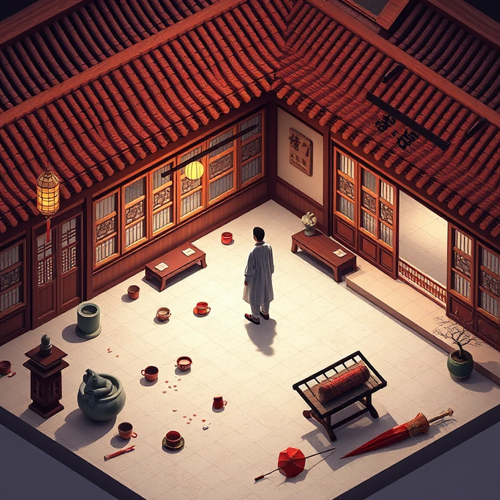 Image A of the puzzle: 1940s chinese teahouse garden patio under moonlight