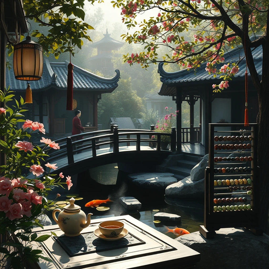 Image A of the puzzle: 1940s chinese teahouse garden with koi pond and bridges