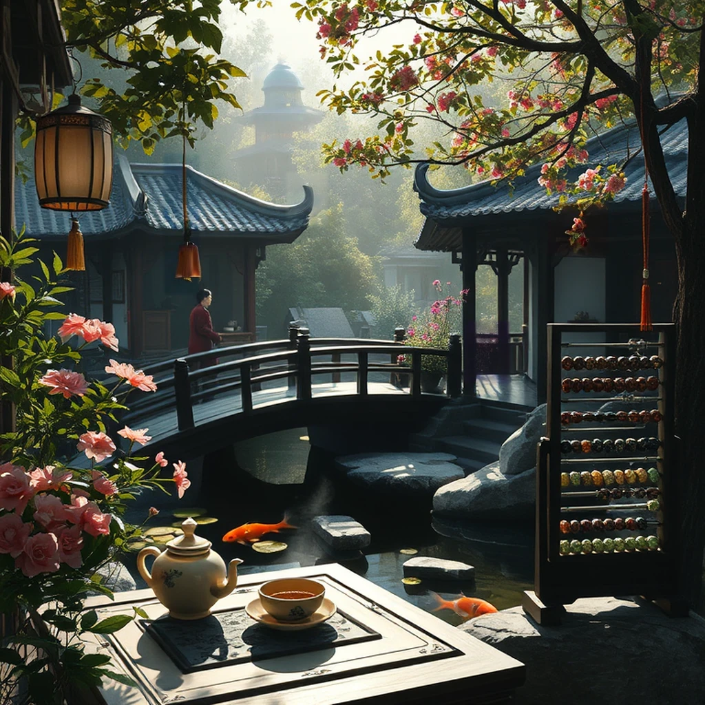Image B of the puzzle: 1940s chinese teahouse garden with koi pond and bridges