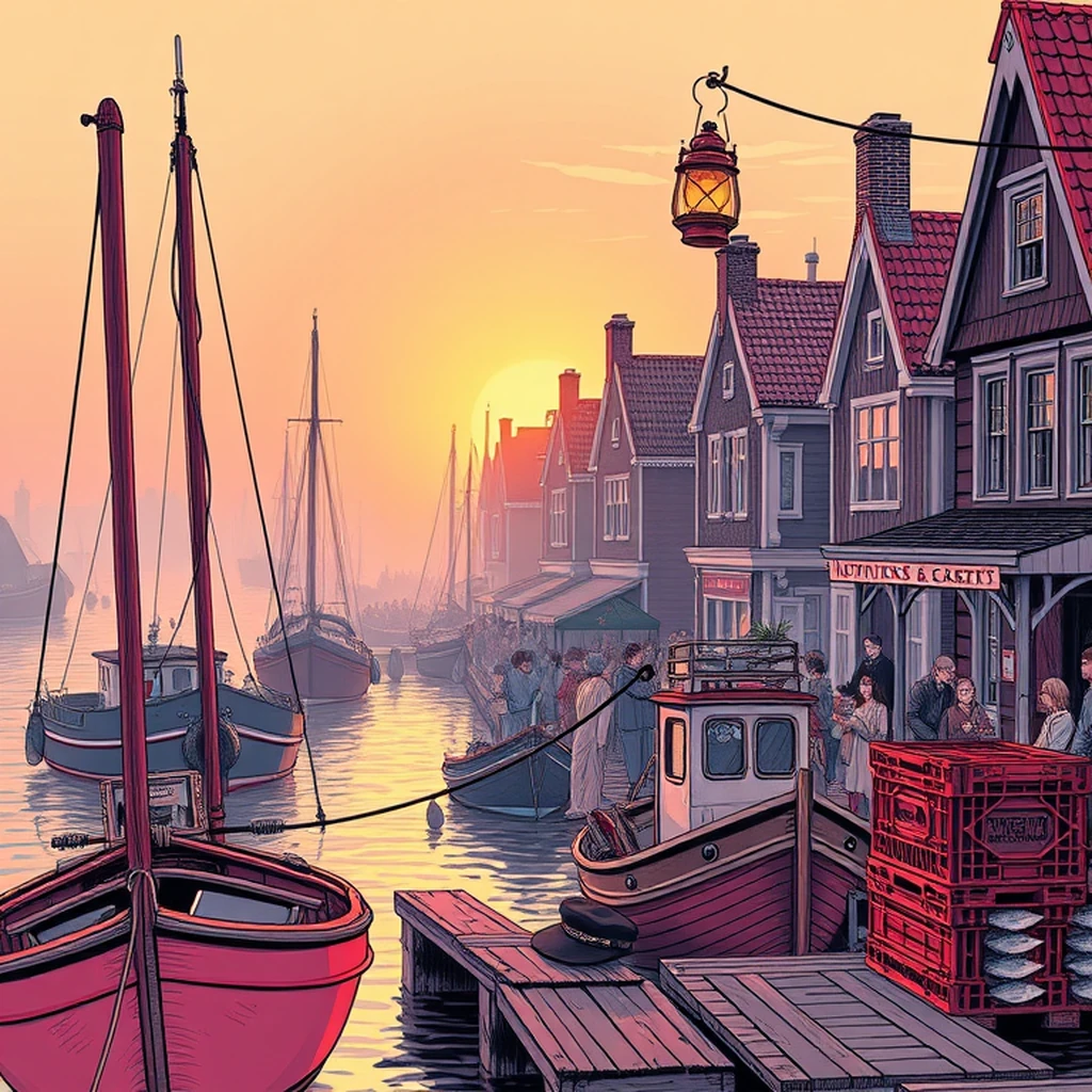 Image A of the puzzle: 1940s dutch fishing village harbor with bobbing boats