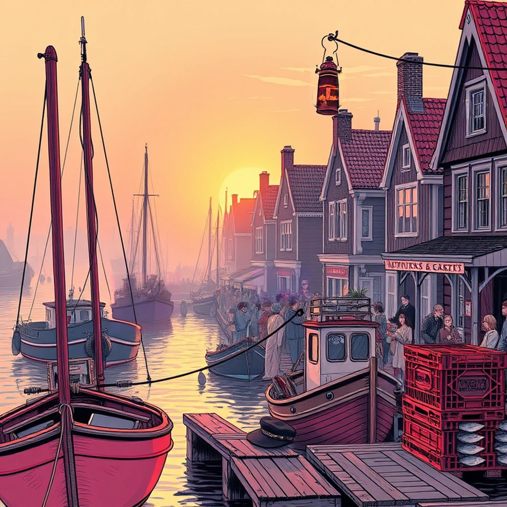 Image B of the puzzle: 1940s dutch fishing village harbor with bobbing boats
