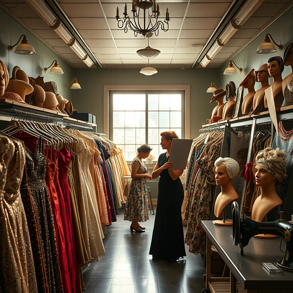 Image A of the puzzle: 1940s Hollywood costume department backstage with sequined gowns on rolling racks