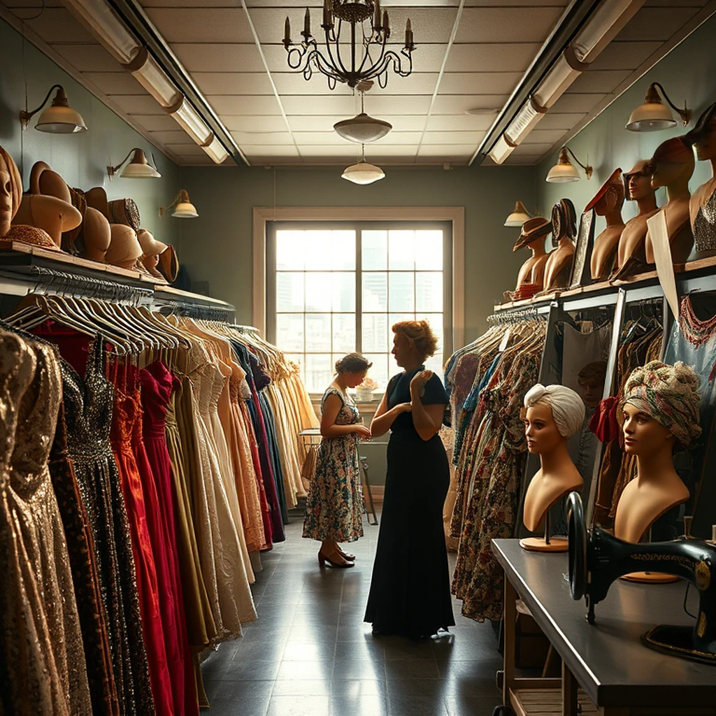 Image B of the puzzle: 1940s Hollywood costume department backstage with sequined gowns on rolling racks
