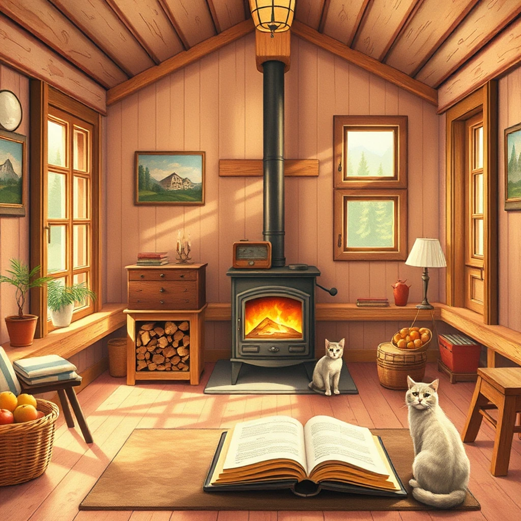 Image A of the puzzle: 1940s italian mountain lodge living room with wood-burning stove