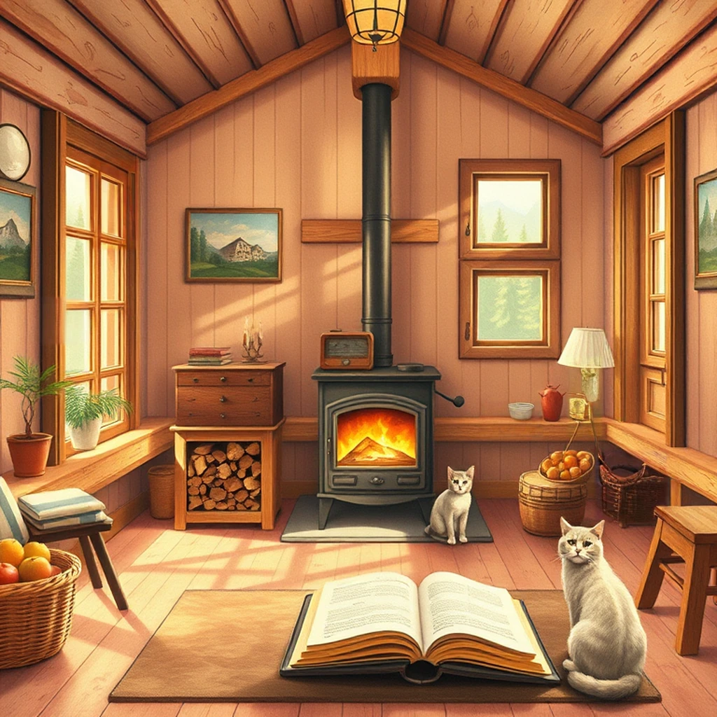 Image B of the puzzle: 1940s italian mountain lodge living room with wood-burning stove