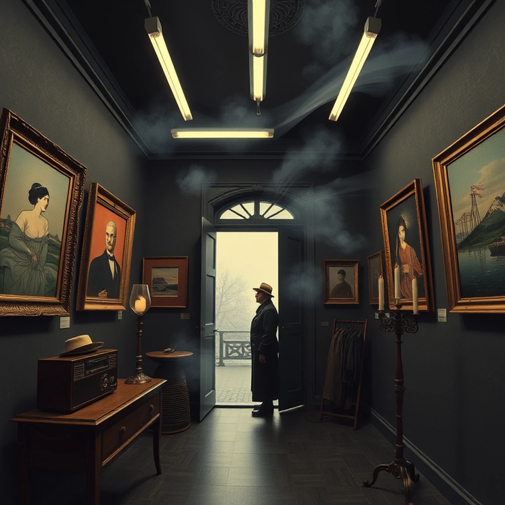 Image A of the puzzle: 1940s italian villa art gallery with framed paintings