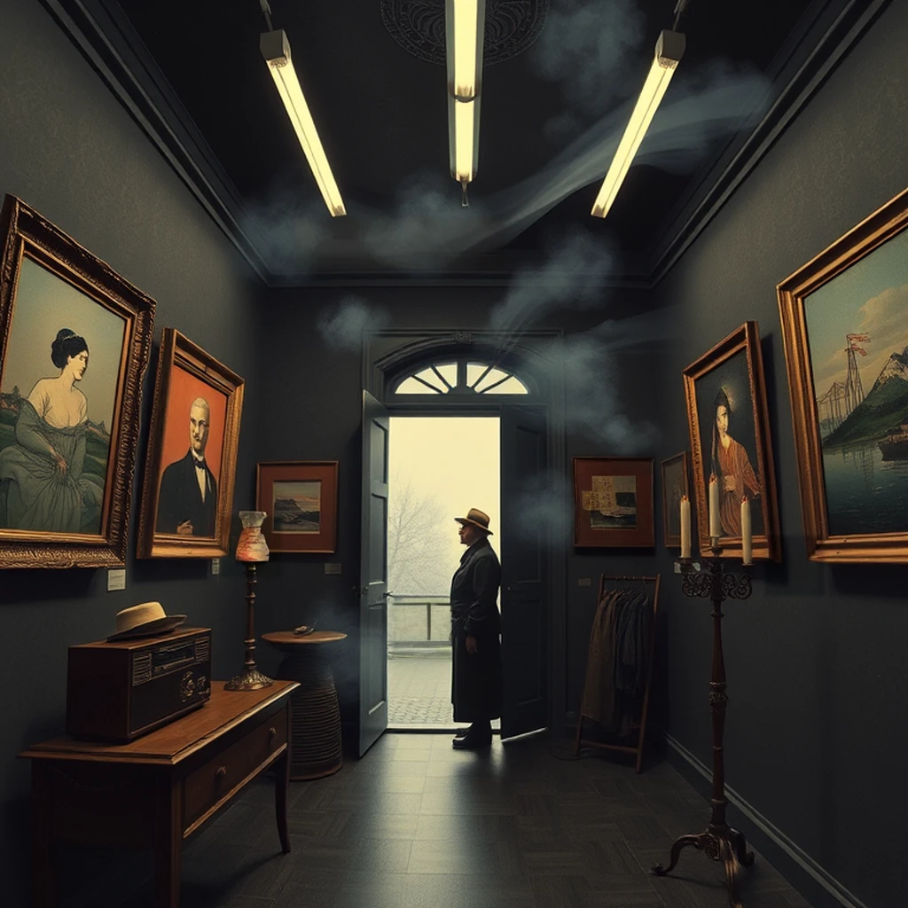 Image B of the puzzle: 1940s italian villa art gallery with framed paintings