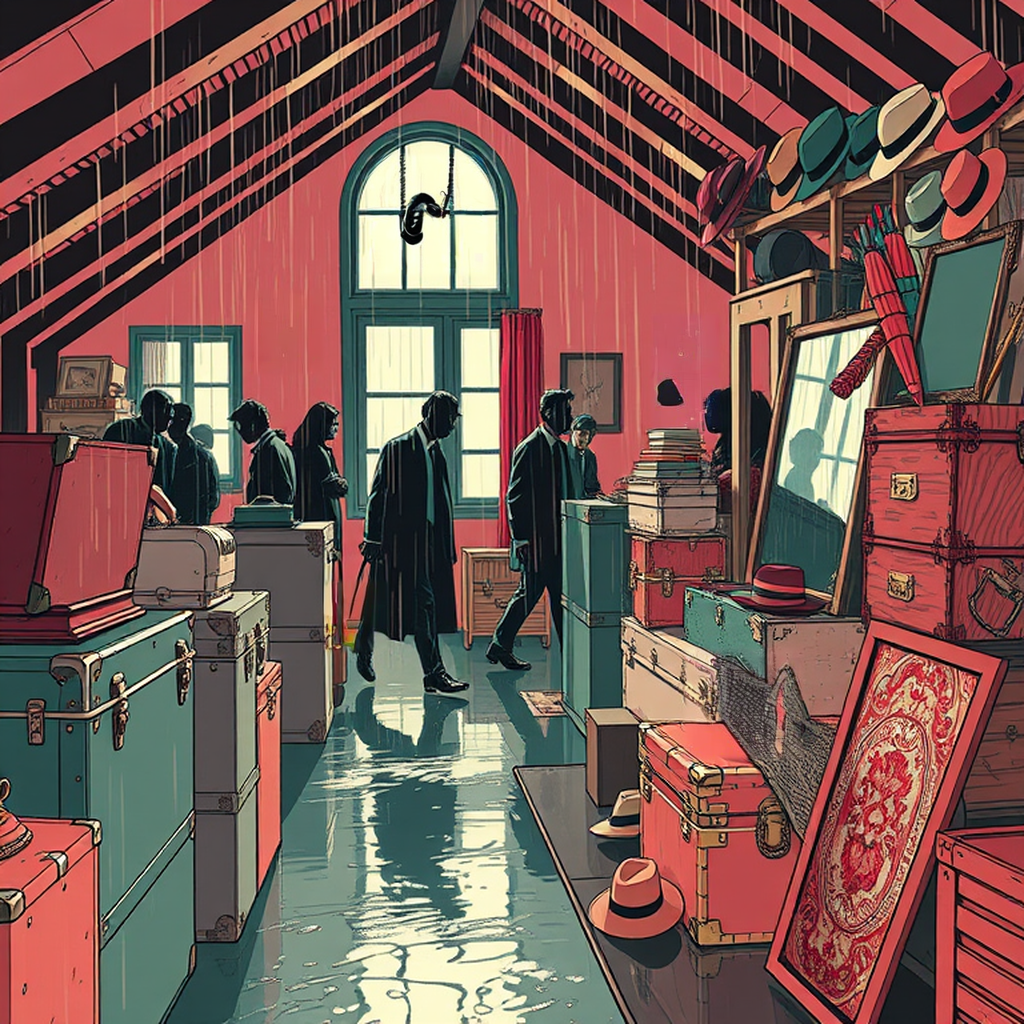 Image B of the puzzle: 1940s italian villa attic storage room with trunks and hats