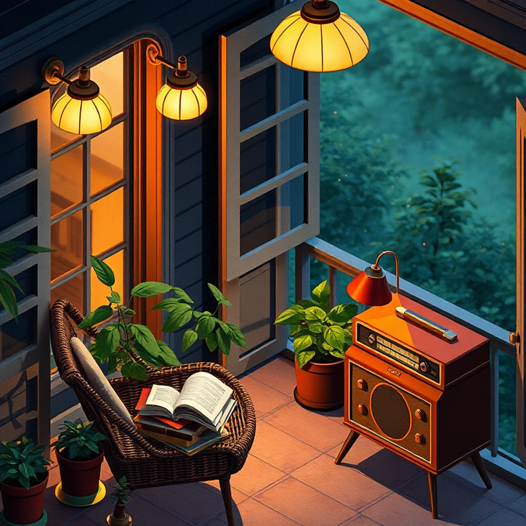 Image A of the puzzle: 1940s italian villa balcony reading nook with potted plants