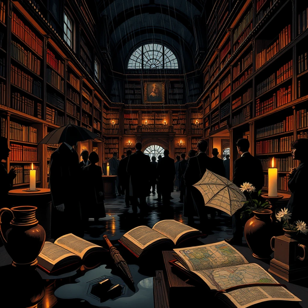 Image A of the puzzle: 1940s italian villa library with leather-bound books and antique maps