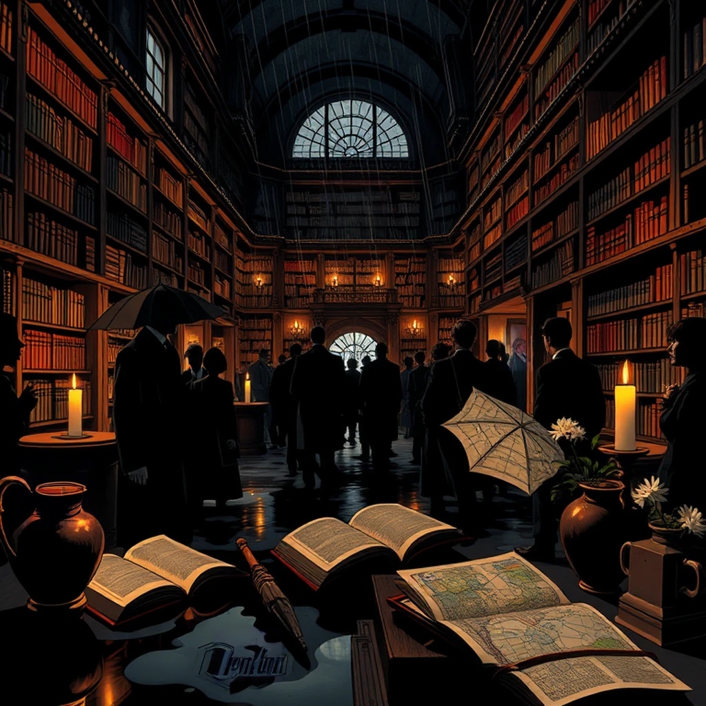 Image B of the puzzle: 1940s italian villa library with leather-bound books and antique maps