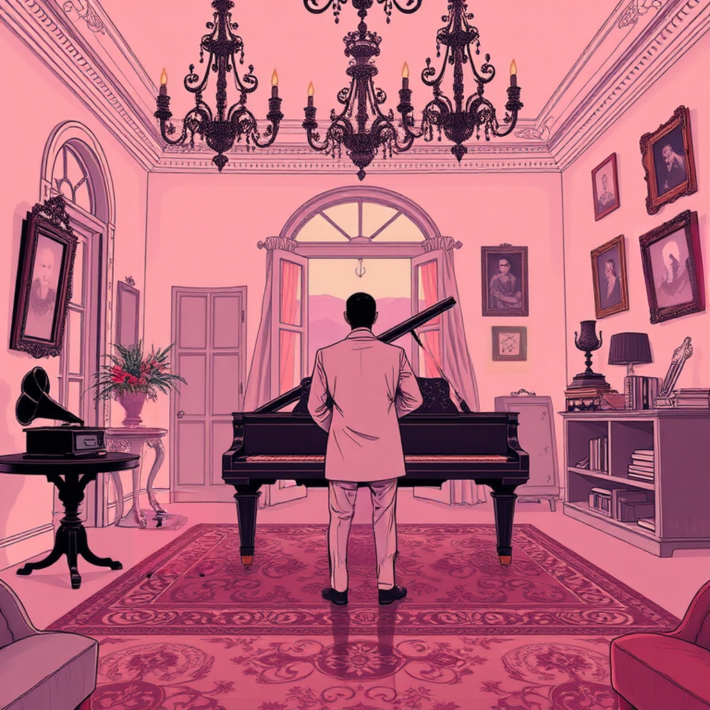 Image B of the puzzle: 1940s italian villa music room with grand piano and chandeliers