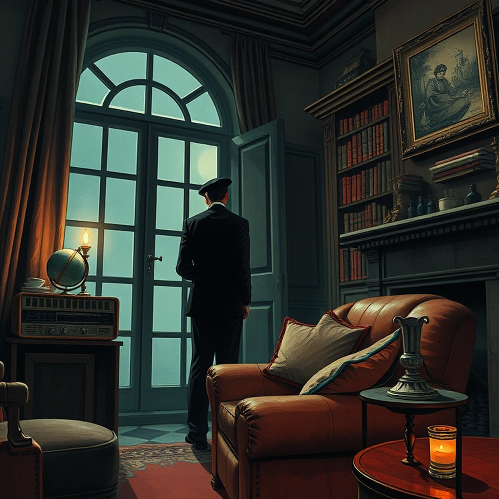 Image A of the puzzle: 1940s italian villa reading nook with leather armchair and velvet cushions