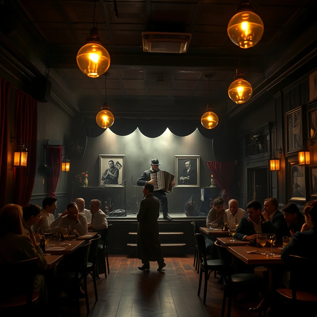 Image A of the puzzle: 1940s Paris jazz cellar with smoky atmosphere and accordions