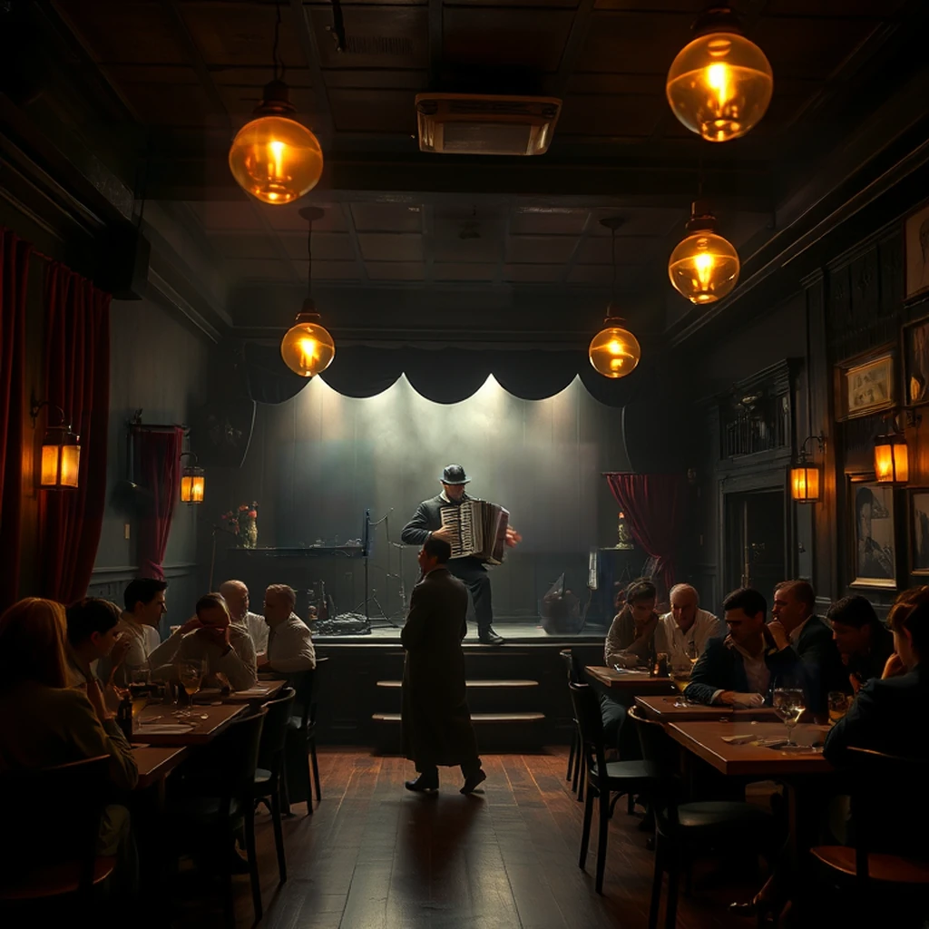 Image B of the puzzle: 1940s Paris jazz cellar with smoky atmosphere and accordions