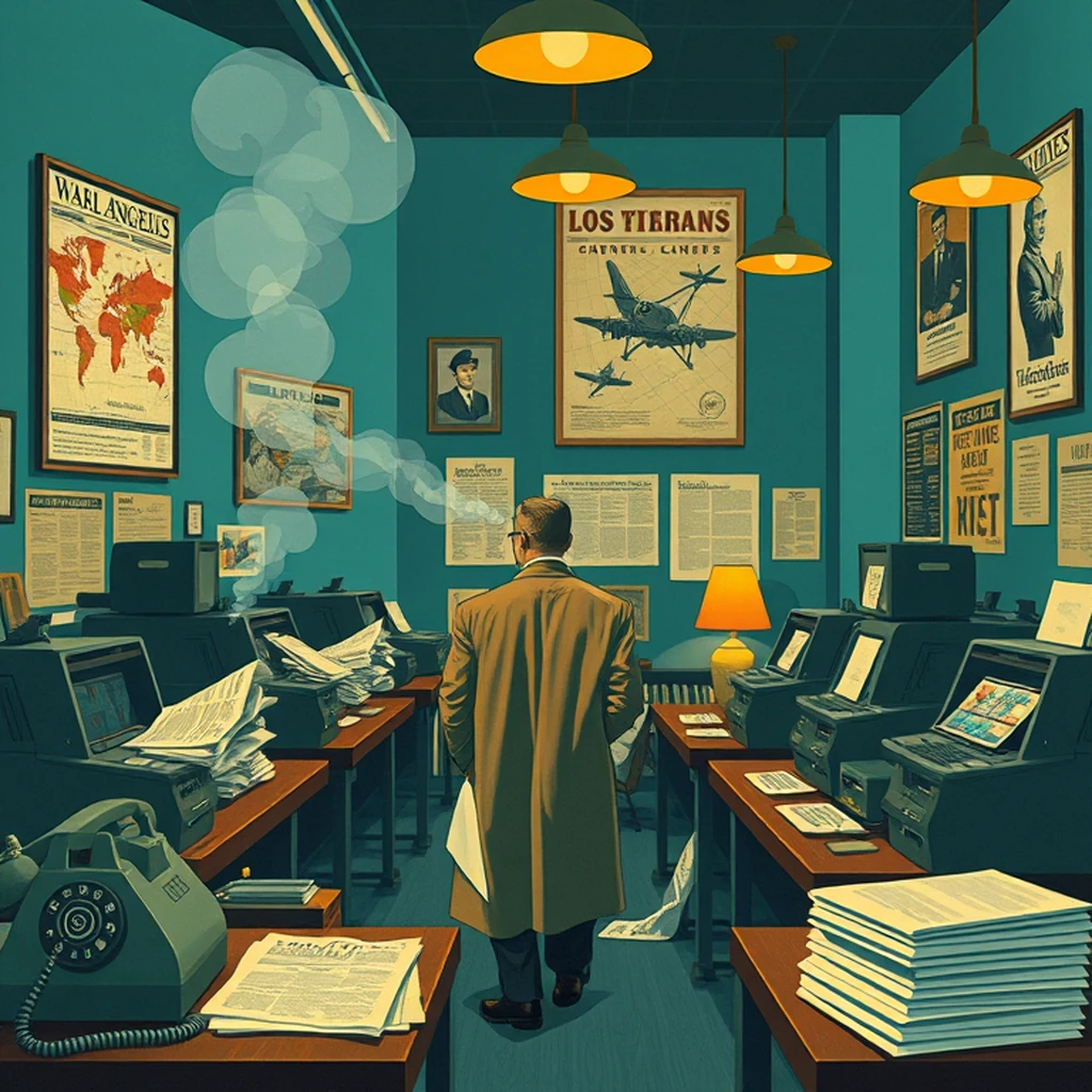 Image A of the puzzle: 1940s wartime newsroom in los angeles with teleprinters