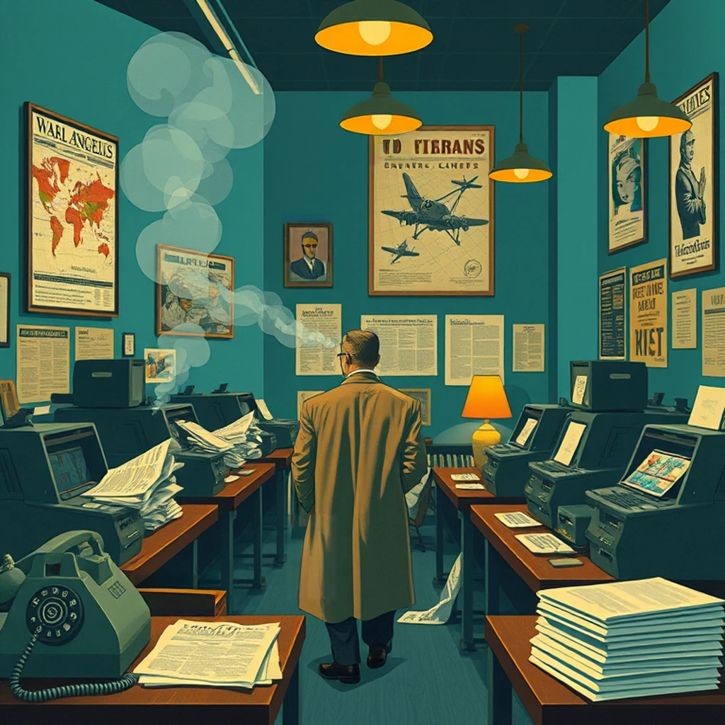 Image B of the puzzle: 1940s wartime newsroom in los angeles with teleprinters
