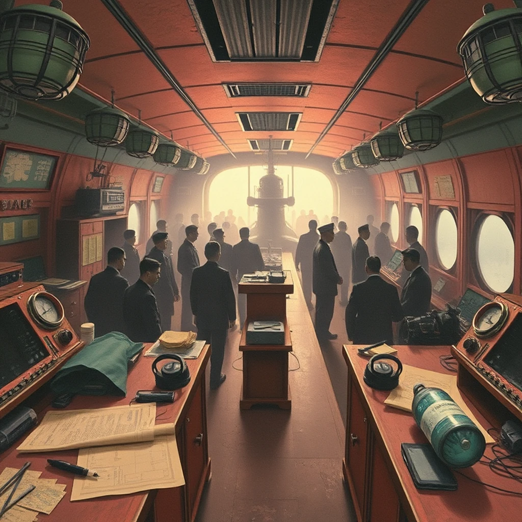 Image A of the puzzle: 1940s wartime submarine control room with periscopes