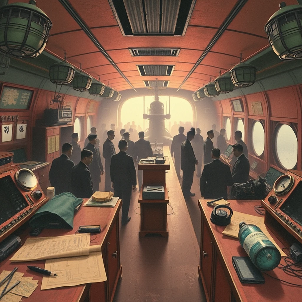 Image B of the puzzle: 1940s wartime submarine control room with periscopes
