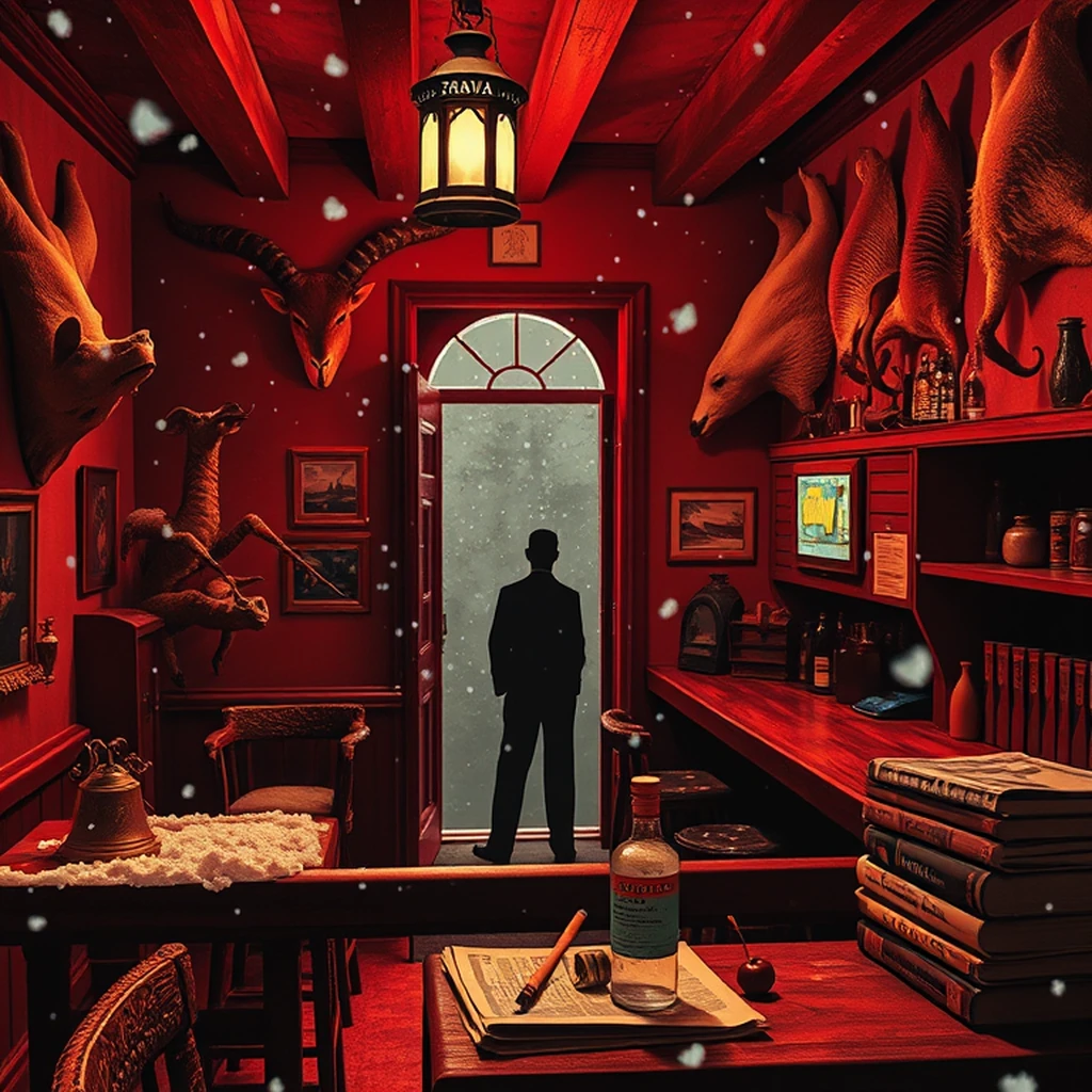 Image A of the puzzle: 1950s african safari lodge bar with animal skins on walls
