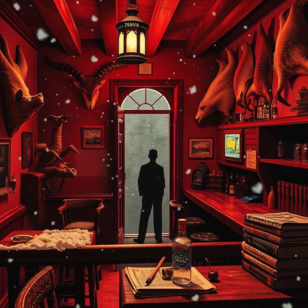 Image B of the puzzle: 1950s african safari lodge bar with animal skins on walls