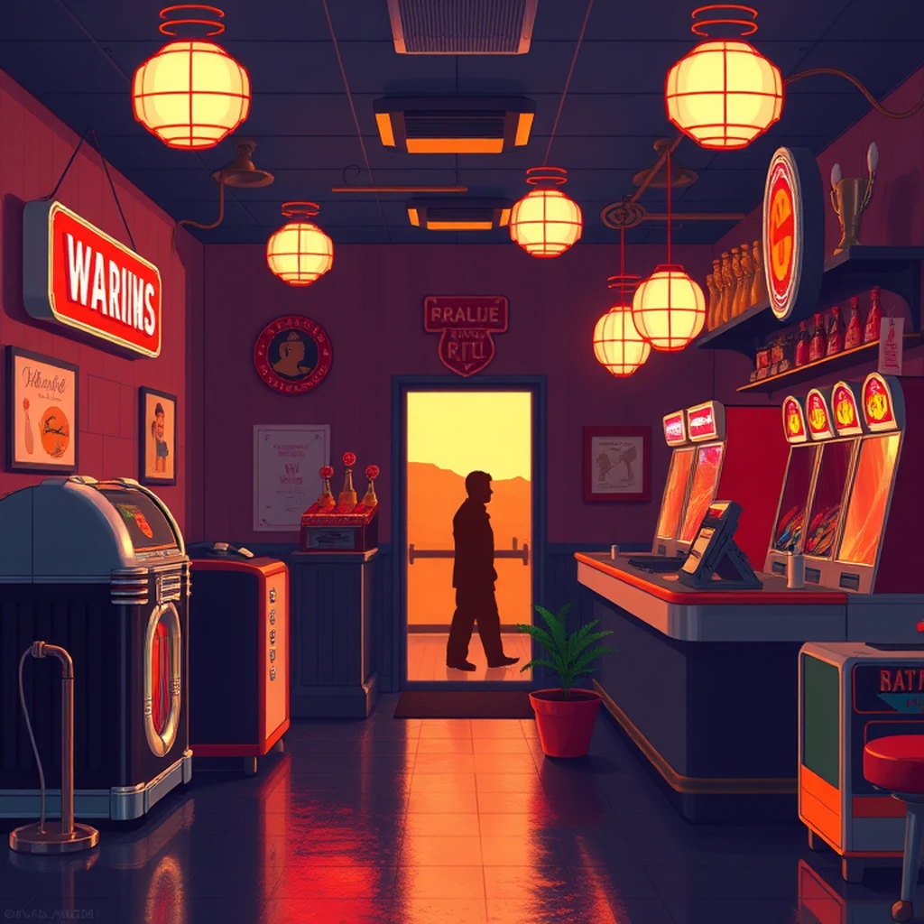 Image A of the puzzle: 1950s american bowling alley snack bar with neon signs