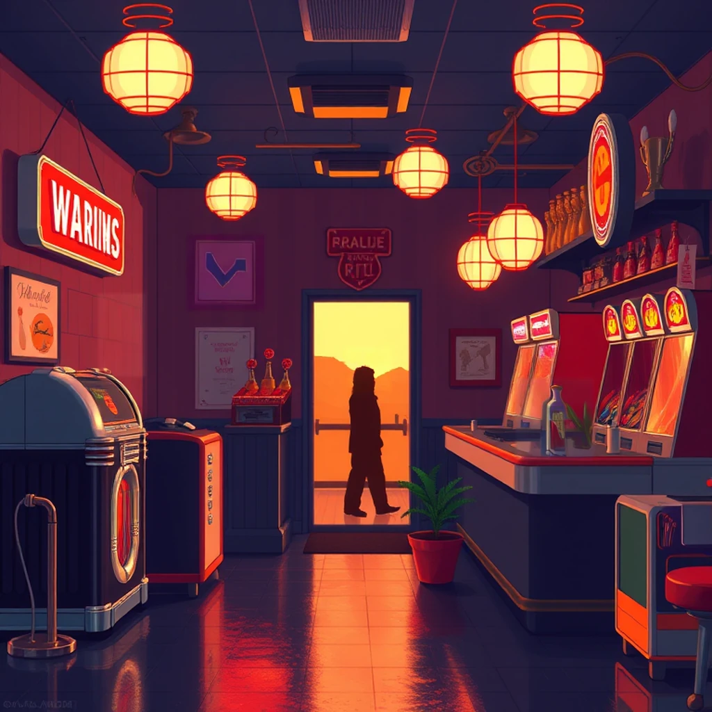 Image B of the puzzle: 1950s american bowling alley snack bar with neon signs