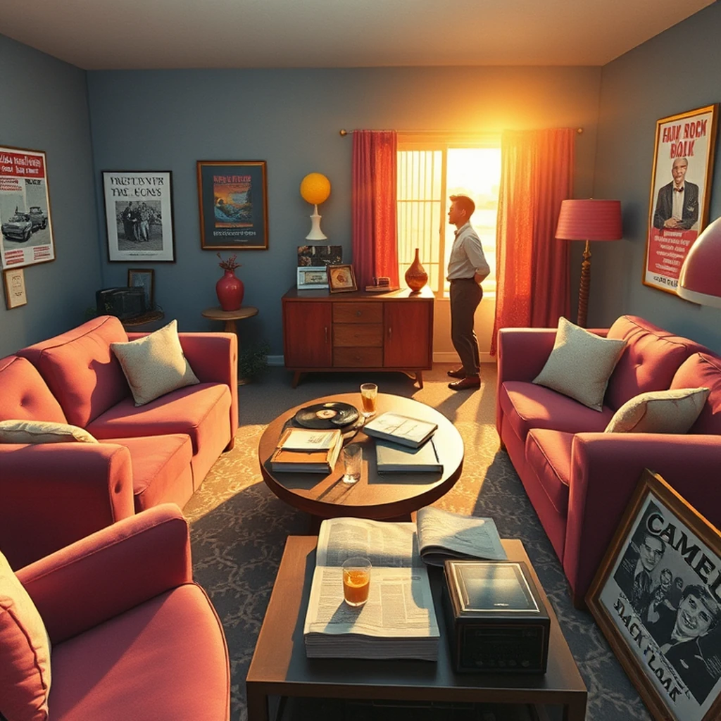 Image A of the puzzle: 1950s american den with retro couches and lava lamps