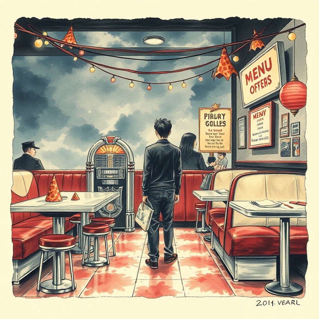 Image A of the puzzle: 1950s american diner booth area with chrome stools and jukebox