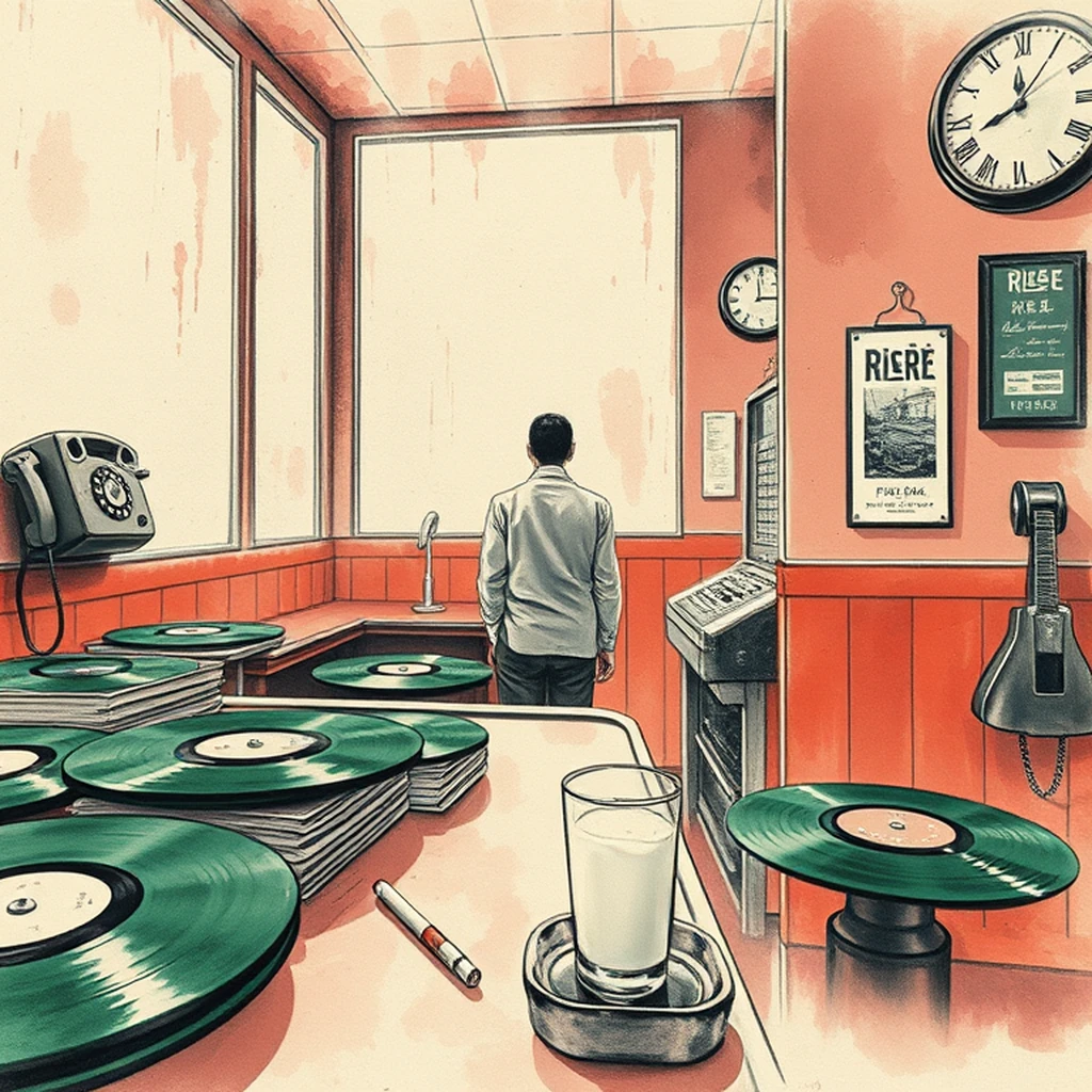 Image A of the puzzle: 1950s american diner jukebox area with vinyl records