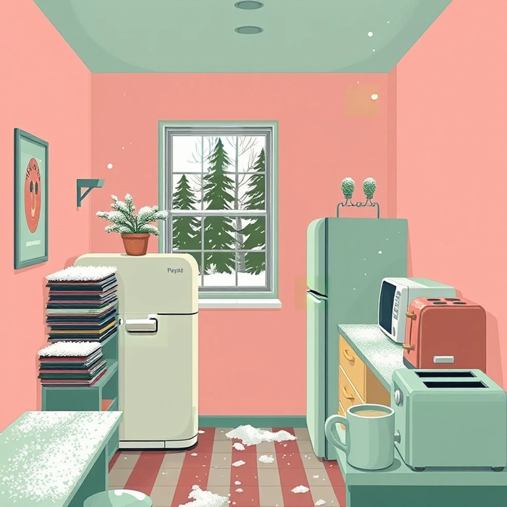 Image B of the puzzle: 1950s american kitchenette with fridge, toaster, and coffee maker