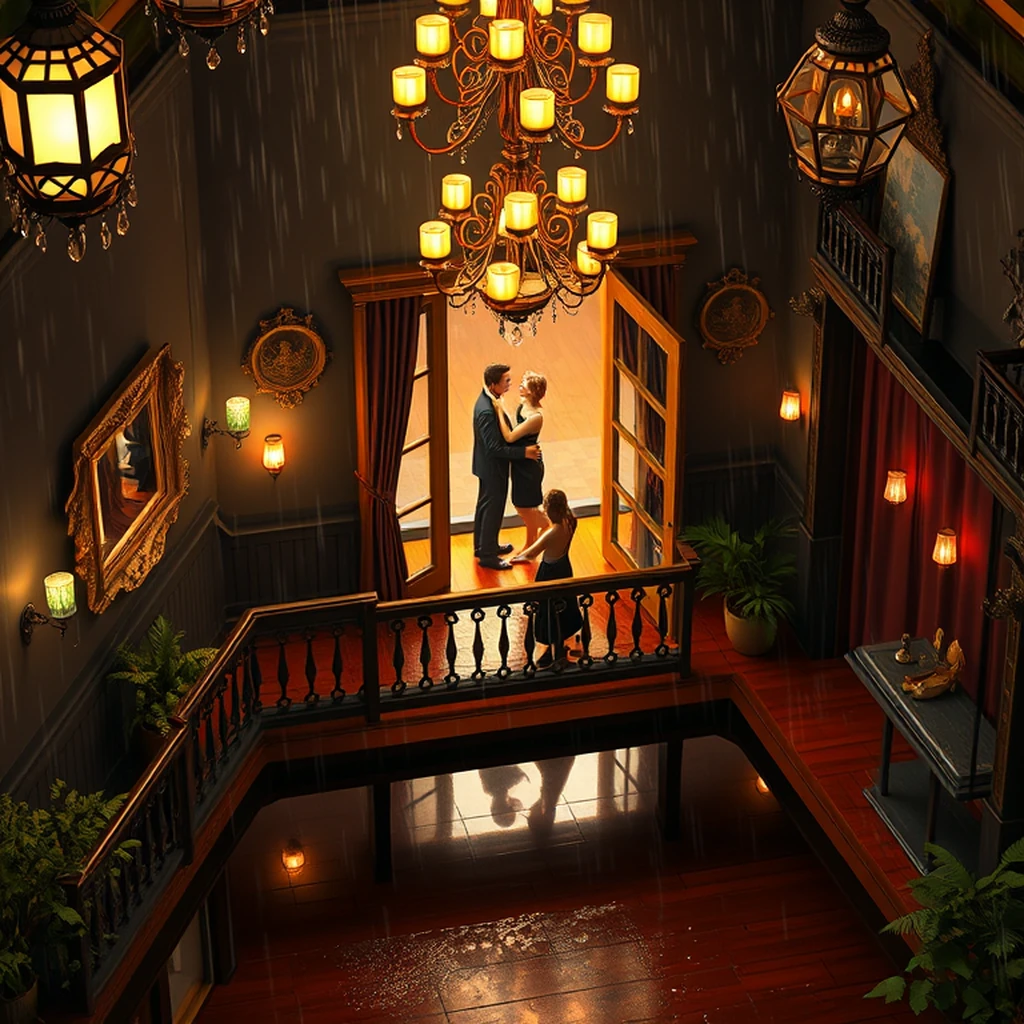 Image A of the puzzle: 1950s argentinian tango club balcony overlooking dance floor