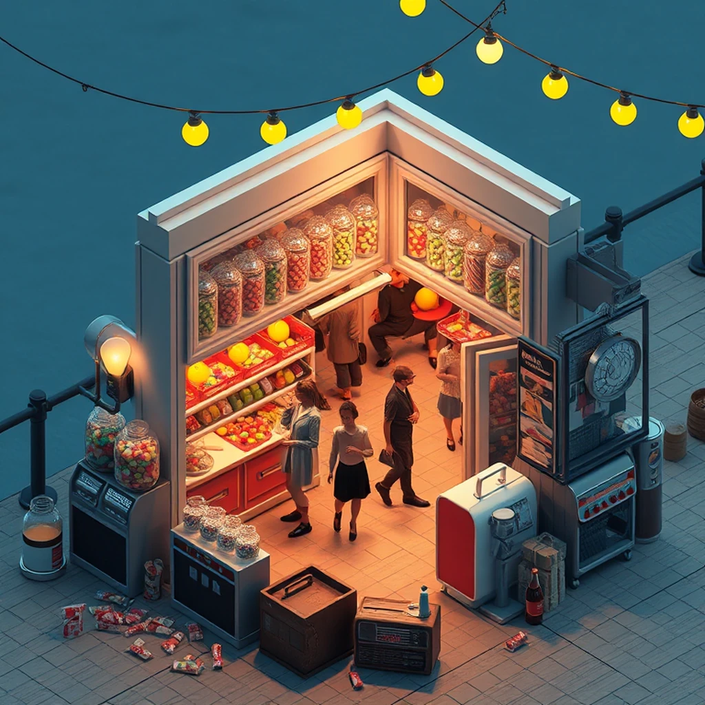 Image A of the puzzle: 1950s british seaside pier candy shop stand with glass jars