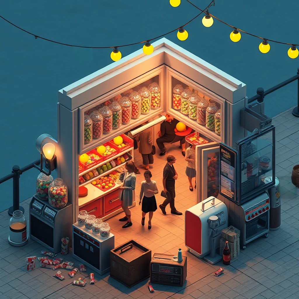 Image B of the puzzle: 1950s british seaside pier candy shop stand with glass jars