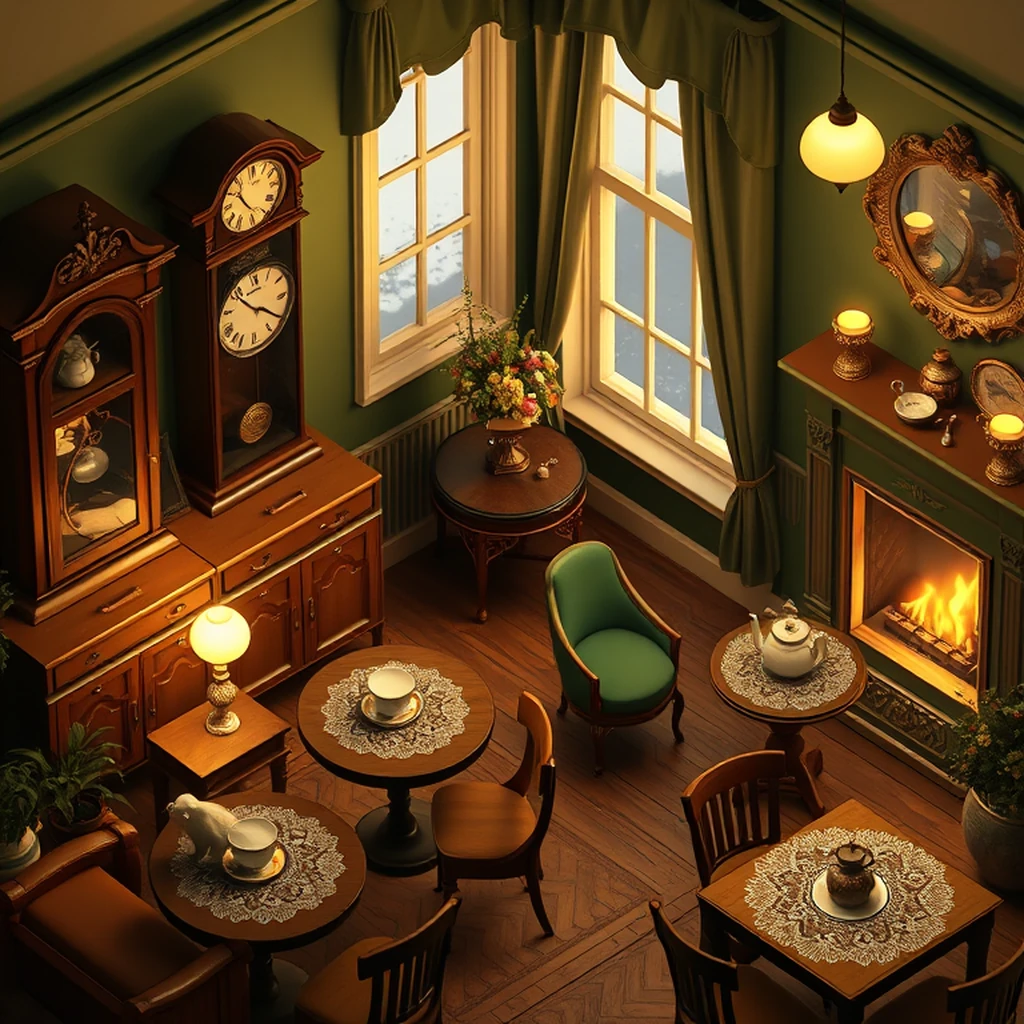 Image A of the puzzle: 1950s british tea room with lace doilies and china teacups