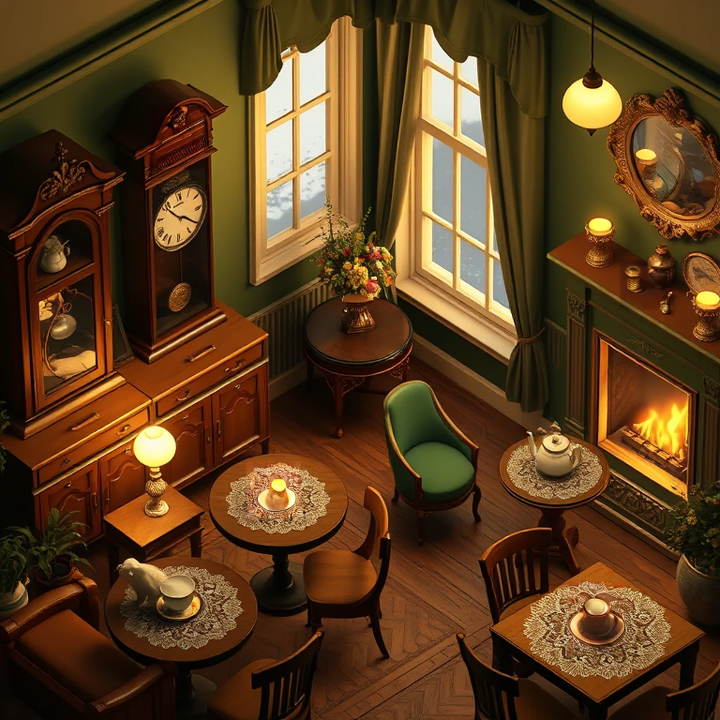 Image B of the puzzle: 1950s british tea room with lace doilies and china teacups