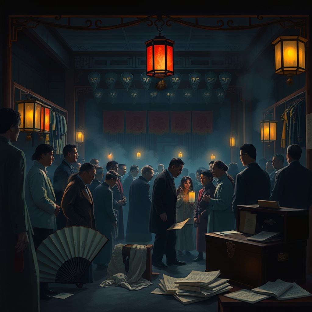 Image B of the puzzle: 1950s chinese opera house backstage area with costumes and masks