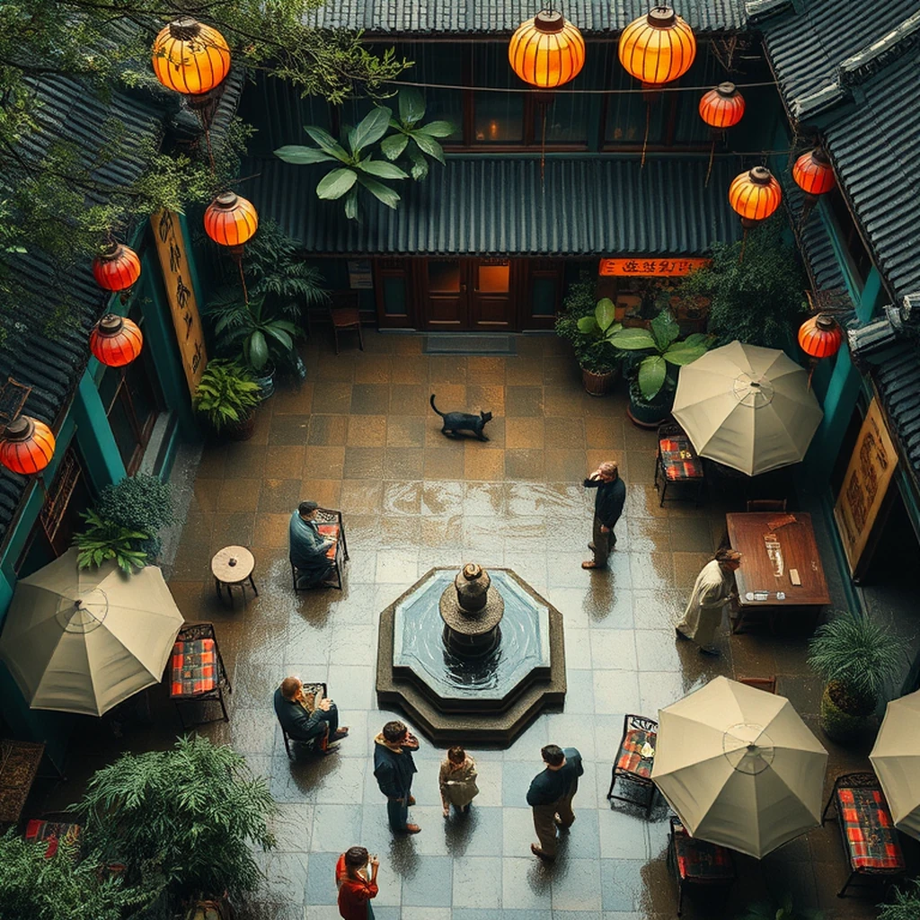 Image A of the puzzle: 1950s chinese teahouse courtyard garden under stars