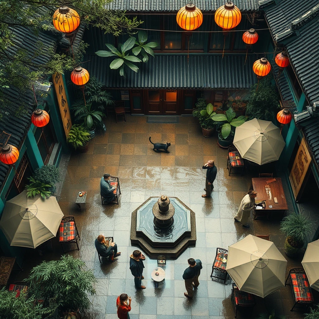 Image B of the puzzle: 1950s chinese teahouse courtyard garden under stars