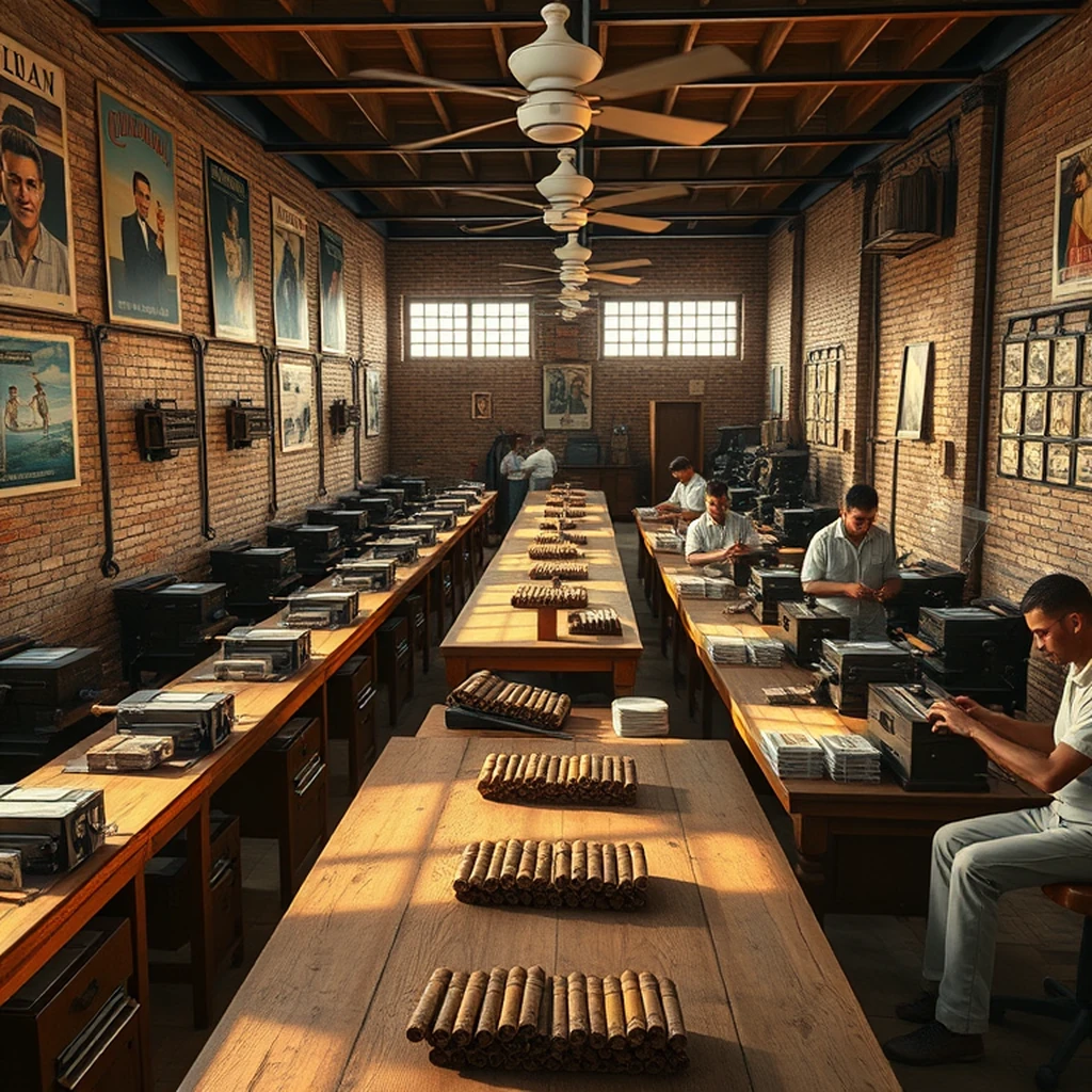 Image A of the puzzle: 1950s Cuban cigar factory rolling room with wooden tables and tobacco bundles