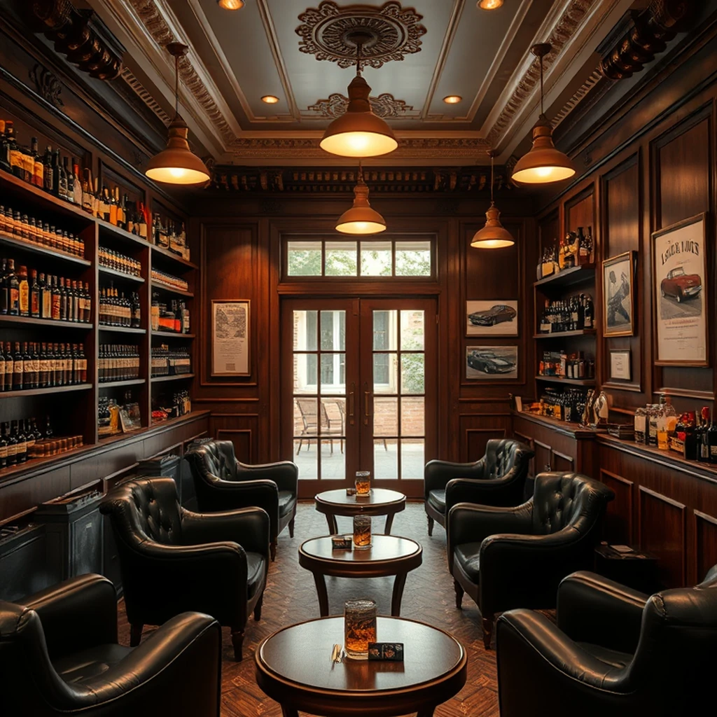 Image A of the puzzle: 1950s Cuban cigar lounge with leather armchairs and rum decanters